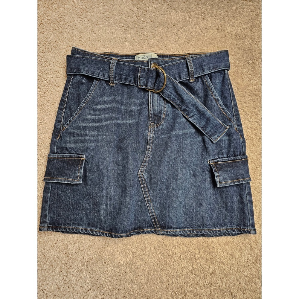 Mudd Womens Dark Wash Belted Denim Mini Skirt Cargo Pockets Size 7 614015